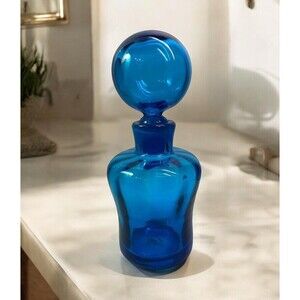 Vintage Blenko Decanter Optic Glass Turquoise 8.5” w/Stopper Art Deco MCM 669